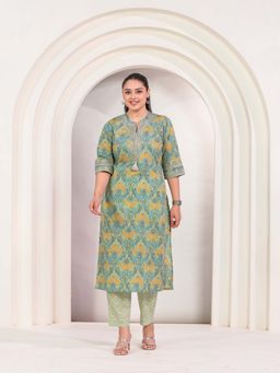 ARAMYA - Green Cotton Straight Floral Print Kurta with Pant