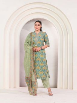 ARAMYA - Green Cotton Straight Floral Print Kurta with Pant and Dupatta