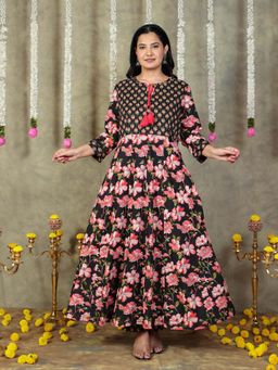 ARAMYA - Soft Cotton Flared Floral Print Anarkali Kurta with Pant