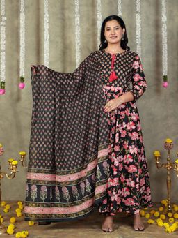 ARAMYA - Black Cotton Floral Print Anarkali Kurta with Pant and Dupatta