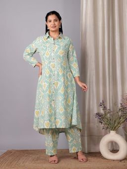 ARAMYA - Green Linen Cotton High Low Ikat Print Co-Ord Set