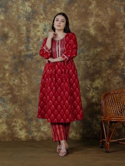 ARAMYA - Red Soft Cotton A-Line Floral Print Kurta with Pant