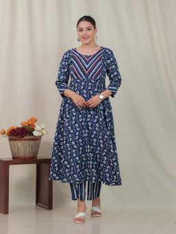 ARAMYA - Navy Blue Cotton Floral Print Anarkali Kurta with Pant