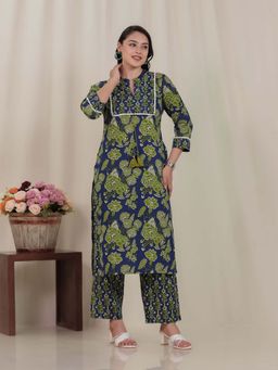 ARAMYA - Navy Blue Cotton Straight Floral Print Kurta with Pant
