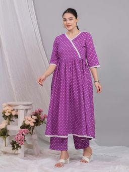 ARAMYA - Purple Cotton Bandhani Print Angarkha Kurta with Pant
