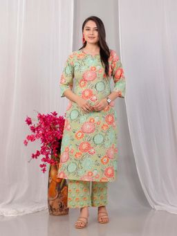 ARAMYA - Green Cotton Straight Floral Print Kurta with Pant