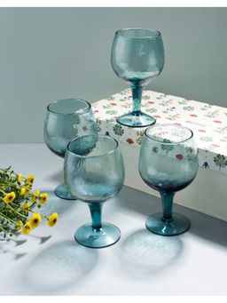 Fabindia - Teal Veda Blown Glass Goblet (Pack of 4)