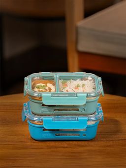 Glasafe - Set Of 2 Fresh Grip Glass Tiffins - 580Ml Each (Blue & Green) (Pack of 2)