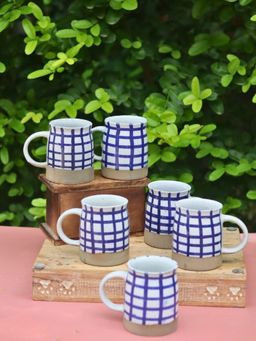 WEAVING HOMES - Blue Checkered Mug Drinkware Mug 250Ml (Pack Of 6)