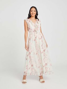 Styli - Beige Sleeveless Ruffle Detail Marble Print A-line Maxi Dress