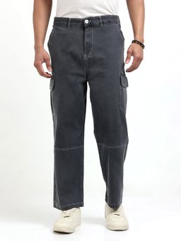 SILISOUL - Men Grey Baggy Fit Solid Cotton Denim Cargo Pants