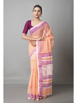 Unnati Silks - Light Orange Pure Block Printed Kota Cotton Saree with Unstitched Blouse