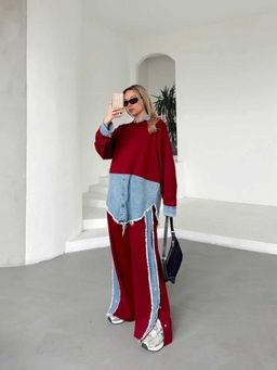 Loveable Creations By Muskan - Red Denim Trim Statement Co-Ord Set