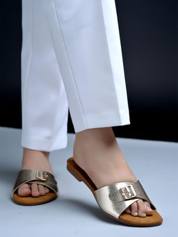 Shoetopia - Buckle Detailed Golden Flats for Women