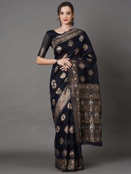 Akhilam - Women Linen Black Woven Design Saree with Unstitched Blouse Piece