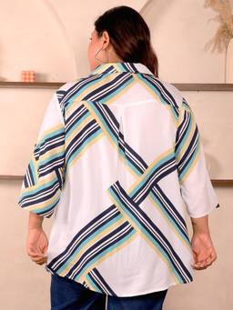 Indietoga - Women Plus Size White Striped Viscose Rayon Longline Shirt