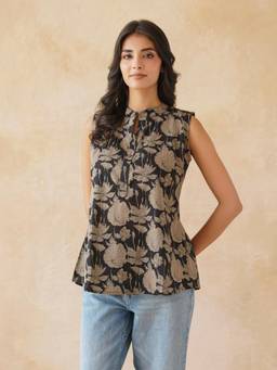 GOODHAND - Black Women's Cotton Printed Sleeveless Top