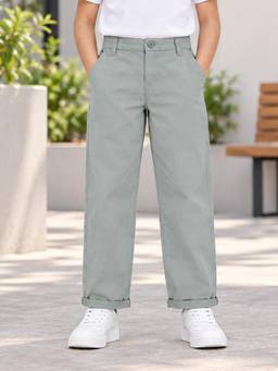 KiddoPanti - Boys Cotton Knitted Solid Green Chinos Pant