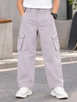 KiddoPanti - Boys Grey Cotton Solid Jeans
