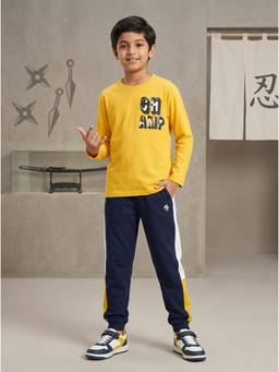 KiddoPanti - Mustard Cotton Printed T-Shirt with Cargo Joggers