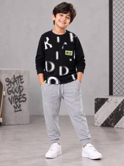 KiddoPanti - Black Cotton Printed T-Shirt with Solid Joggers