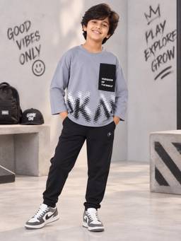 KiddoPanti - Grey Cotton Printed Drop Shoulder T-Shirt with Joggers