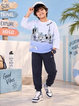 KiddoPanti - Blue Cotton Printed T-Shirt with Joggers