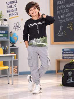 KiddoPanti - Black Cotton Printed T-Shirt with Joggers