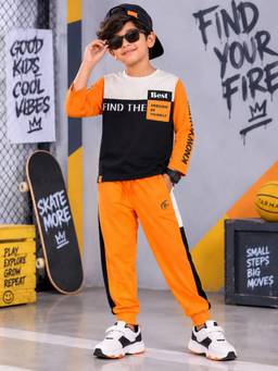 KiddoPanti - Orange Cotton Printed Sweatshirt with Joggers