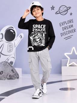 KiddoPanti - Black Cotton Printed T-Shirt with Cargo Joggers
