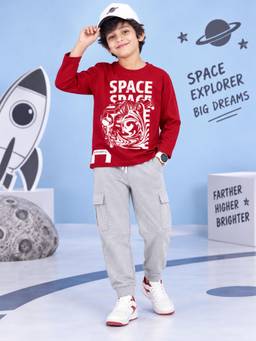 KiddoPanti - Red Cotton Printed T-Shirt with Cargo Joggers