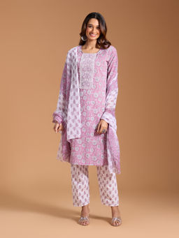 Gahan - Cotton Floral Printed Yoke Embellished Purple Kurta Pant & Dupatta (Set of 3)