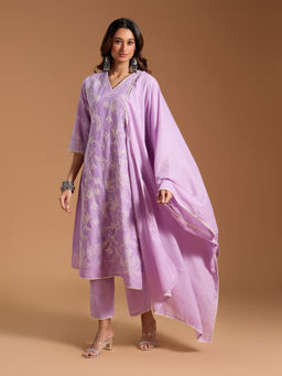 Gahan - Cotton Thread Work Embroidered Lavender Kurta Pant & Lace Work Dupatta (Set of 3)