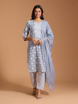 Gahan - Cotton Floral Printed Yoke Lace Embellished Grey Kurta Pant & Dupatta (Set of 3)