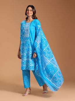 Gahan - Cotton Floral Printed Yoke Embellished Blue Kurta Pant & Dupatta (Set of 3)