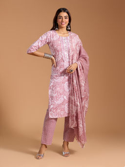 Gahan - Cotton Paisley Printed Yoke Embellished Mauve Kurta Pant & Dupatta (Set of 3)