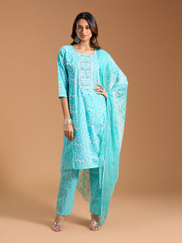 Gahan - Cotton Floral Printed Yoke Embellished Blue Kurta Pant & Printed Dupatta (Set of 3)