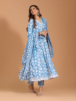 Gahan - Cotton Floral Printed Yoke Lace Embellished Blue Anarkali Pant & Dupatta (Set of 3)