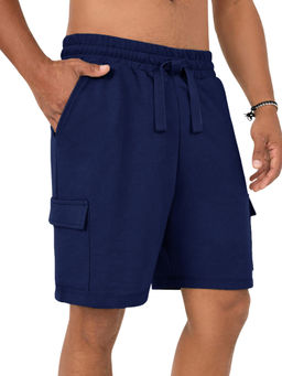 Nobero - Navy Blue Solid Cotton Relaxed Shorts