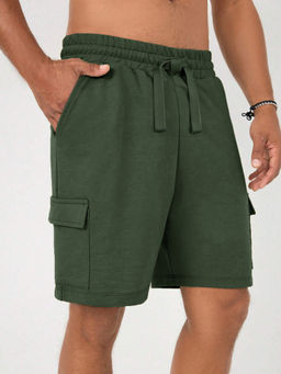 Nobero - Olive Solid Cotton Relaxed Shorts