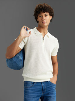 Pepe Jeans - Off White Textured Pure Cotton Regular Polo T-Shirt