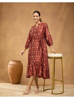 Fabindia - Red Cotton Silk Blend Cutwork Midi Dress