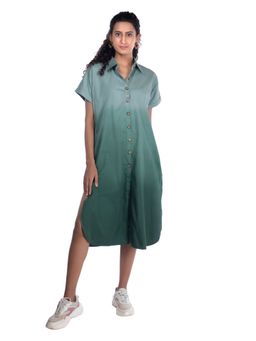 French Theory - White and Green Dip-Dye Shirt Embroidered Giraffe Detail Midi Dress