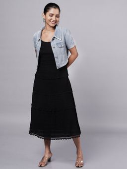 French Theory - Black Textured Sleeveless Slip Midi Dress with Denim Jacket