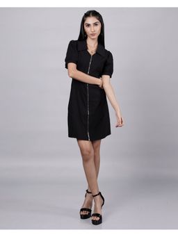 French Theory - Solid Black Collar Neck with Puff Sleeves Mini Dress