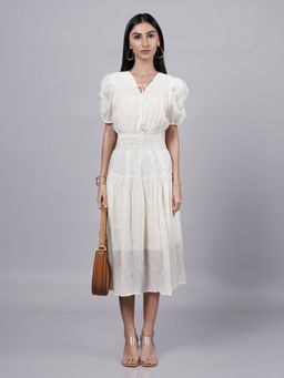 French Theory - Romantic White V-Neck Puff Sleeves One-Piece Midi Dress