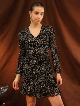 Kazo - Berlin Black V-Neck Full Sleeves Mini Dress