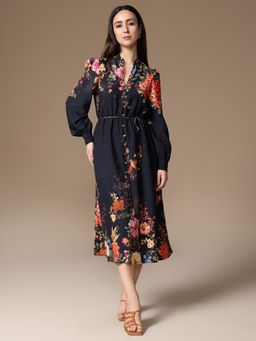 Kazo - Sophie Mandarin Neck Black Floral Midi Dress