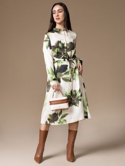 Kazo - Robbie Green Floral Printed Full Sleeves Midi Dress