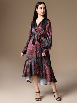 Kazo - Molly 2 V-Neck Flared Floral Brown Midi Dress